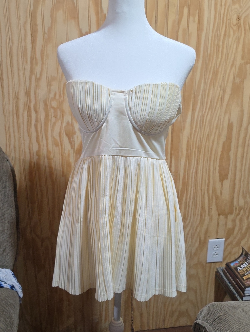 PrettyLittleThing Strapless Pleated Cream Mini Dress